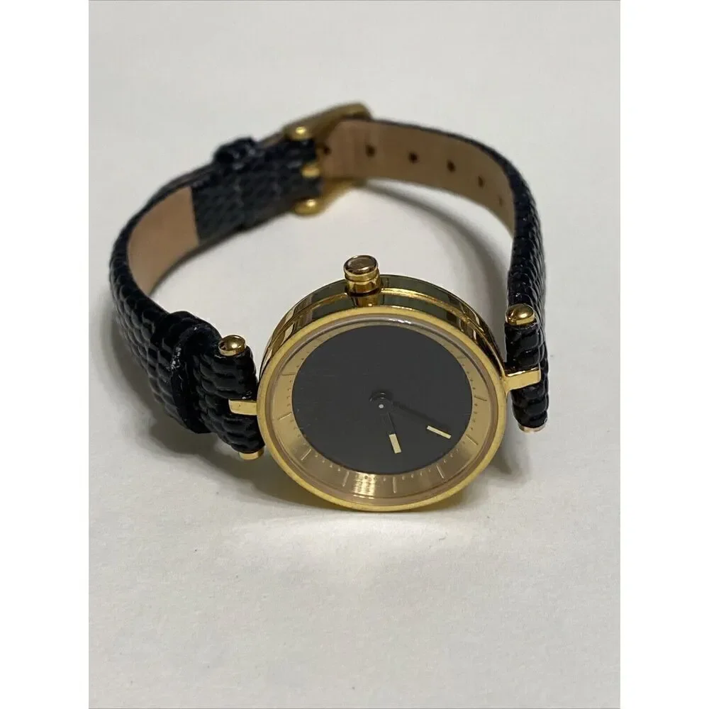 Ladies Domeni Black‎ & Gold Watch Pebbled Leather Band VX10 Movement